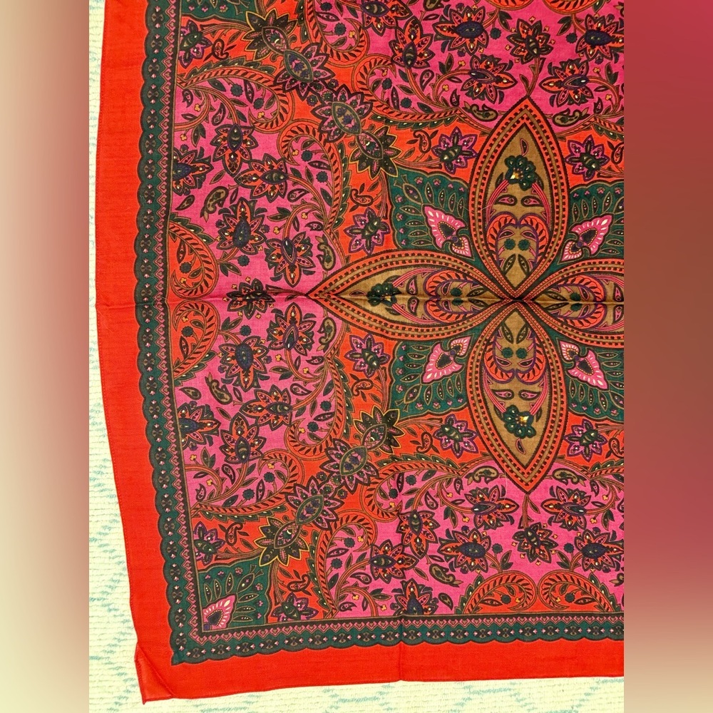 CHRISTIAN DIOR Vintage Rare Red Paisley Floral Retro 100% Wool Square Scarf - Picture 7 of 14